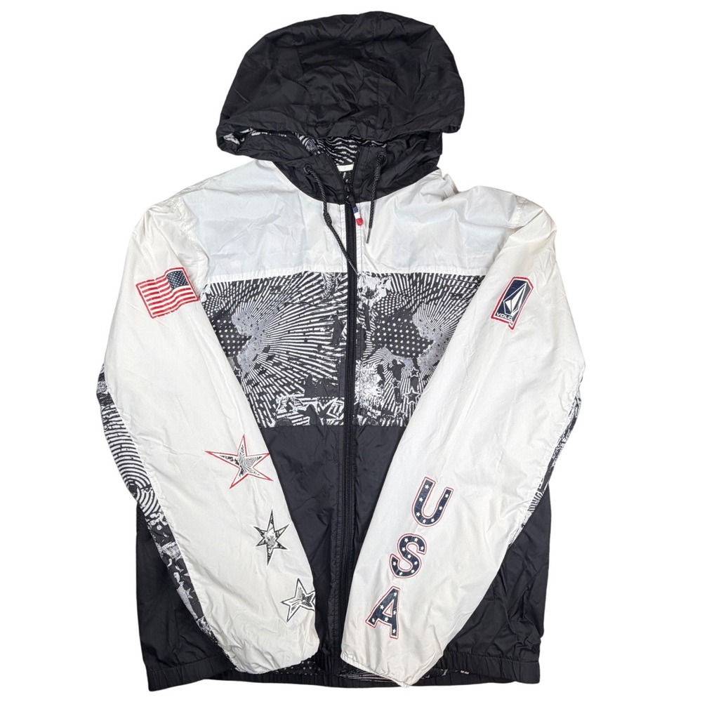 Volcom USA Snowboard Jacket Mens Large Hooded Full Zip Black White Red Star